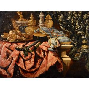 Antonio Tibaldi (Roma, 1633 circa - 1684 circa), Natura morta con oggetti preziosi...