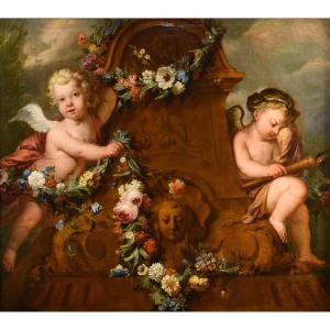 Jacob De Wit (Amsterdam, 1695 - 1754), Coppia di amorini con ghirlanda di fiori