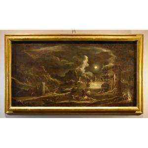 Veduta portuale al chiaro di luna, Giovanni Grevenbroeck  (Paesi Bassi, 1650 ca. – Milano 1699)
