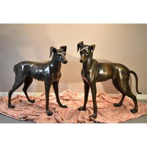Coppia di levrieri Art Déco in bronzo,  Francia XX secolo