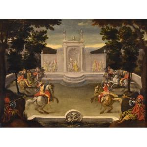 Giardino rinascimentale con festa cavalleresca, Isaac de Moucheron (Amsterdam 1667-1744) cerc