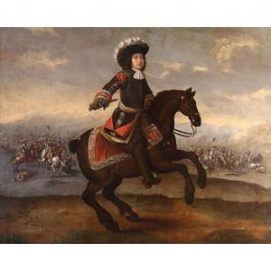 Ritratto equestre con scena di battaglia, Cerchia di Adam Frans van der Meulen (1632 - 1690)