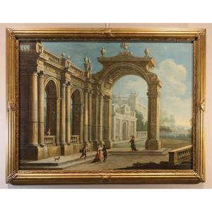 Pier Francesco Garola (Torino 1638 - Roma 1716), Capriccio architettonico con veduta costiera