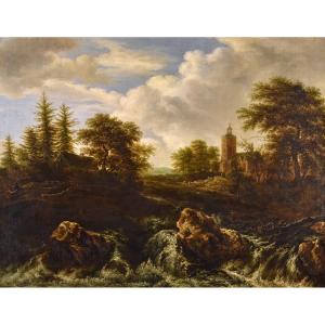 Paesaggio boscoso con cascata, Jacob van Ruisdael (Haarlem 1628 - Amsterdam 1682) attribuibile