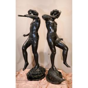 Pair Of Dancing Satyrs In Bronze, Edouard Drouot (sommevoir 1859 – Paris 1945) In The Style Of