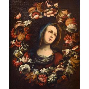 Ghirlanda di fiori con la Vergine, Giovanni Stanchi (Roma 1608 - 1675) bottega di