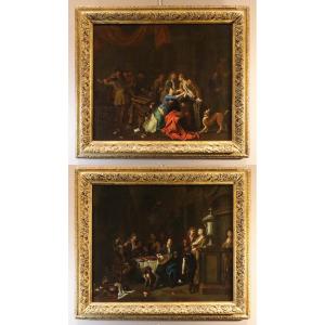 'Banchetto' e 'Rissa', Coppia di opere firmate Pieter Angillis (1685 - 1734)