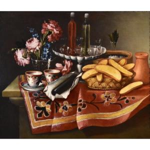 Giacomo Nani (Porto Ercole 1698 - Napoli 1770), Natura morta con fiori, alzata con cristalli...