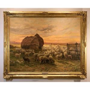 Paesaggio al tramonto con gregge al pascolo, Charles Ferdinand Ceramano (1829 – 1909)