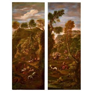 Pendant di dipinti 'L'assalto dei briganti' 'Dopo l’assalto', Giuseppe Zais