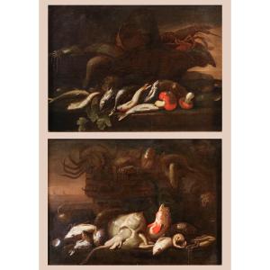 Elena Recco (Napoli, 1654 - 1700) Attribuito, Coppia di nature morte con pesci