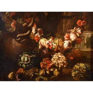 Natura morta con festone di fiori e frutta, Aniello Ascione (Napoli, notizie dal 1680 al 1708)