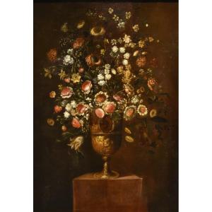 Andrea Scacciati (Firenze 1642 – 1710) Composizione di fiori entro vaso sbalzato (2 di 3)