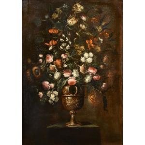 Andrea Scacciati (Firenze 1642 – 1710) Composizione di fiori entro vaso sbalzato (3 di 3)