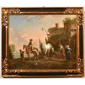 La sosta di un cavaliere, Simon Johannes van Douw (Anversa 1630 circa - 1677 circa) seguace di
