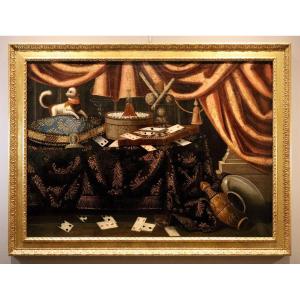 Francesco Noletti (Malta, 1611 – Roma, 1654), Natura morta con carte da gioco, cagnolino ...