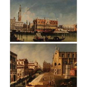 Coppia di vedute di Venezia, Seguace di Canaletto (Venezia, 1697 - 1768)