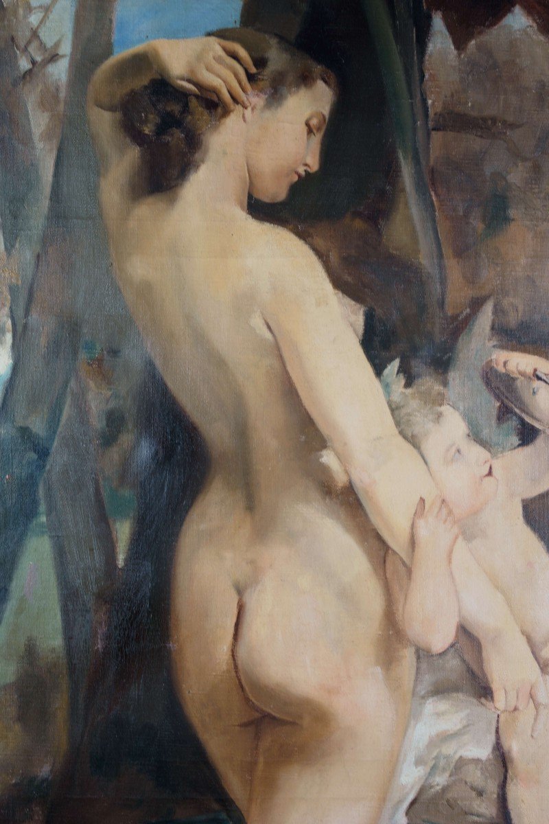 Scuola francese, "Venere e Amore", Grande Dipinto olio su tela fine XIX-photo-3