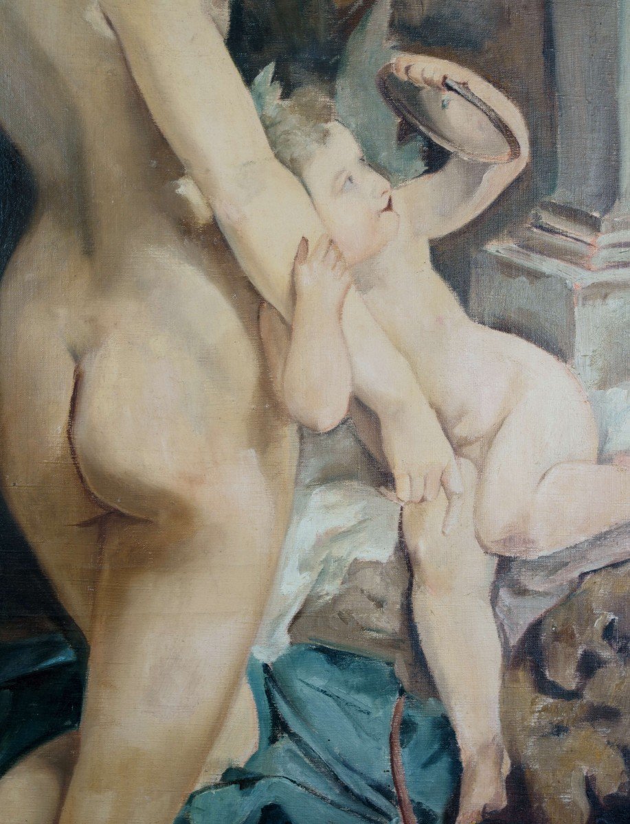 Scuola francese, "Venere e Amore", Grande Dipinto olio su tela fine XIX-photo-4