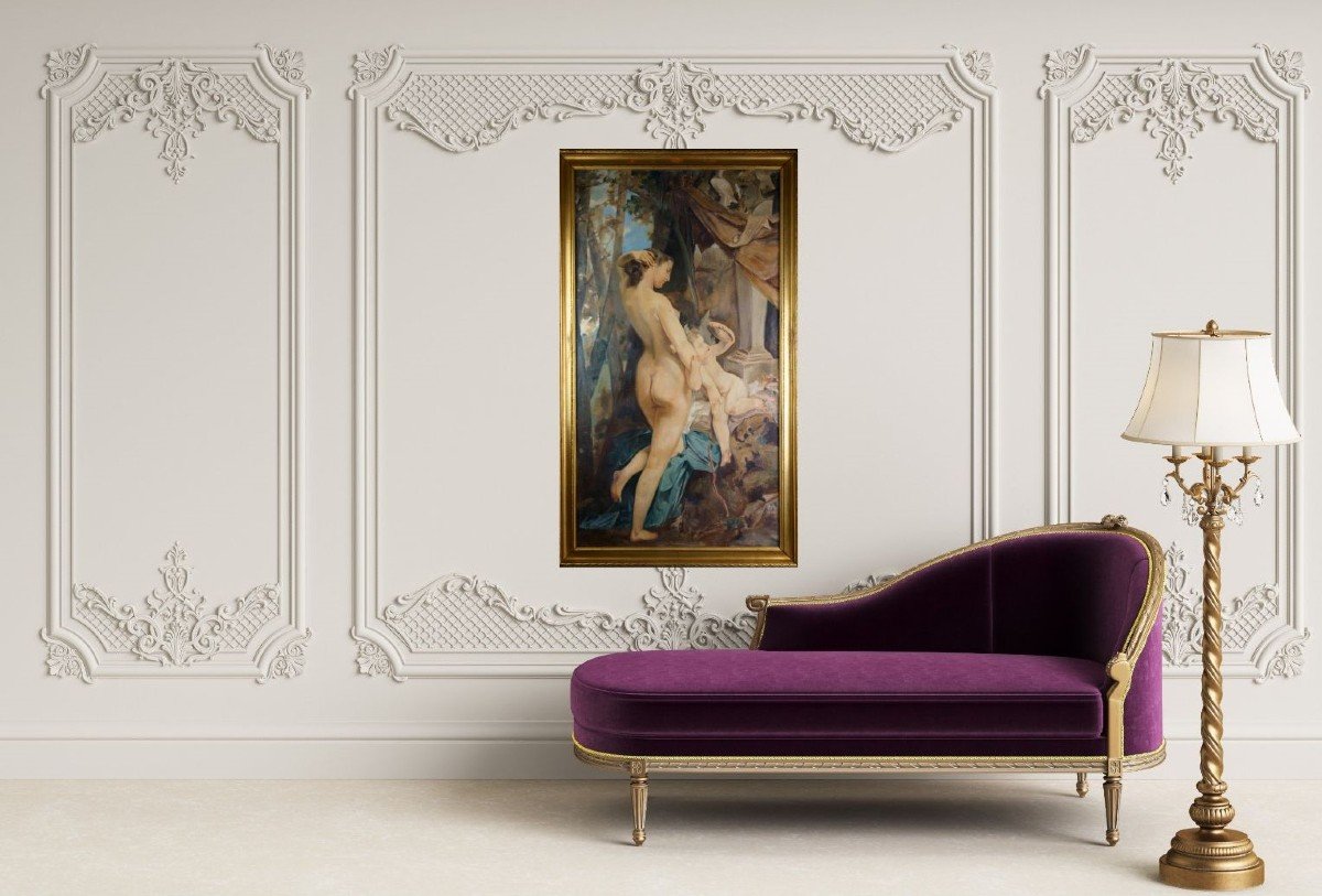 Scuola francese, "Venere e Amore", Grande Dipinto olio su tela fine XIX-photo-2