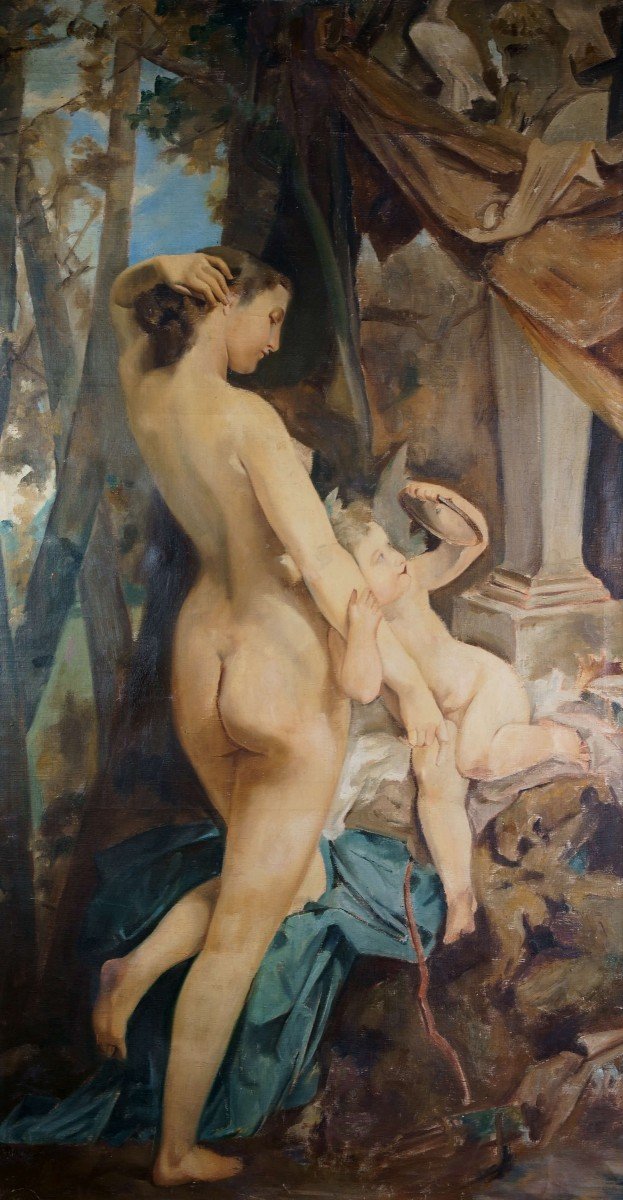 Scuola francese, "Venere e Amore", Grande Dipinto olio su tela fine XIX