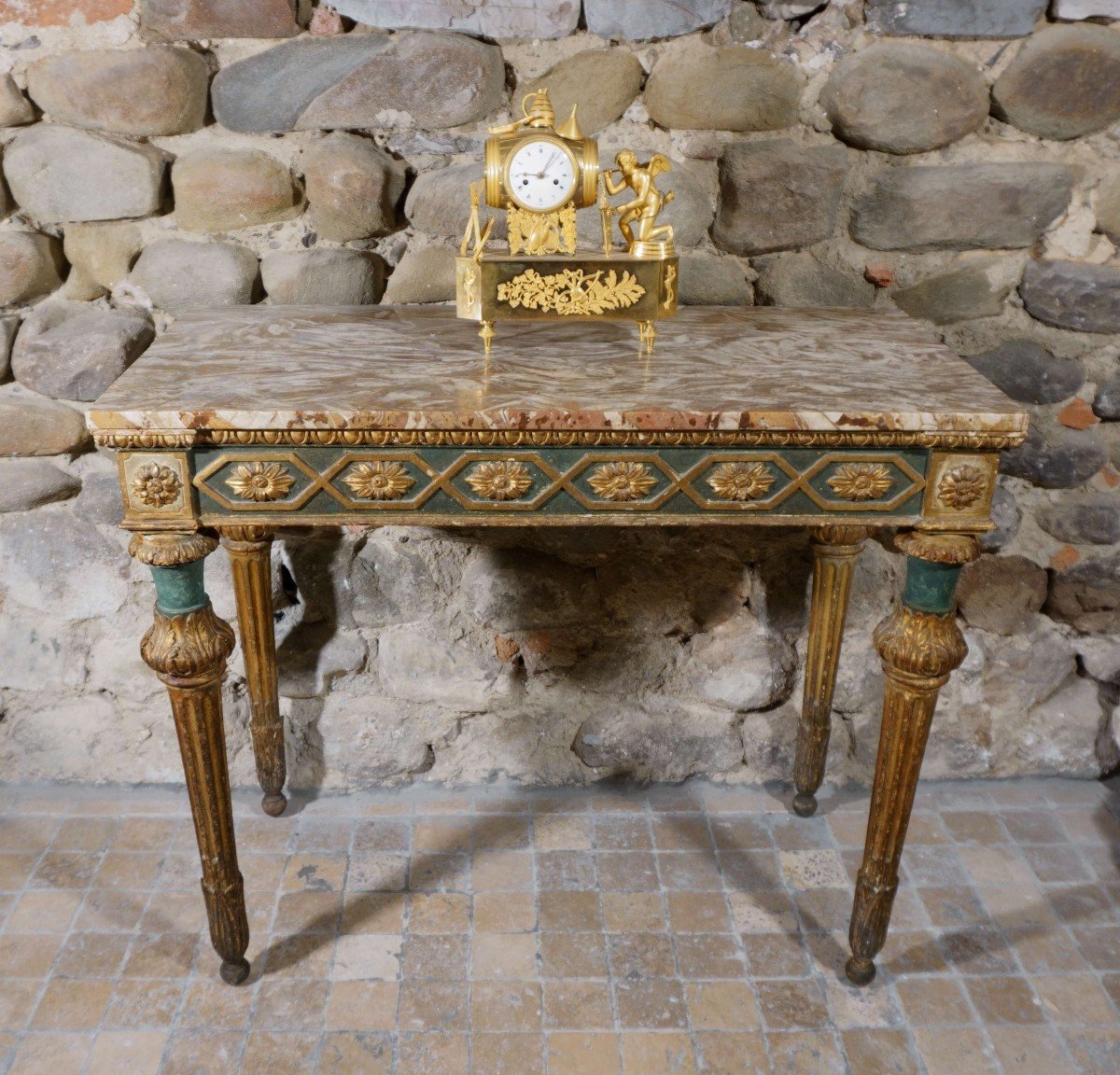 Consolle Genovese Luigi XVI epoca XVIII Legno Laccato e Dorato piano in Marmo-photo-2