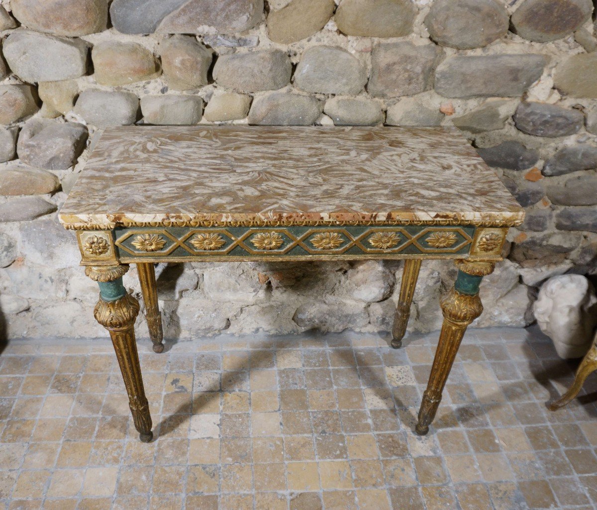 Consolle Genovese Luigi XVI epoca XVIII Legno Laccato e Dorato piano in Marmo-photo-3