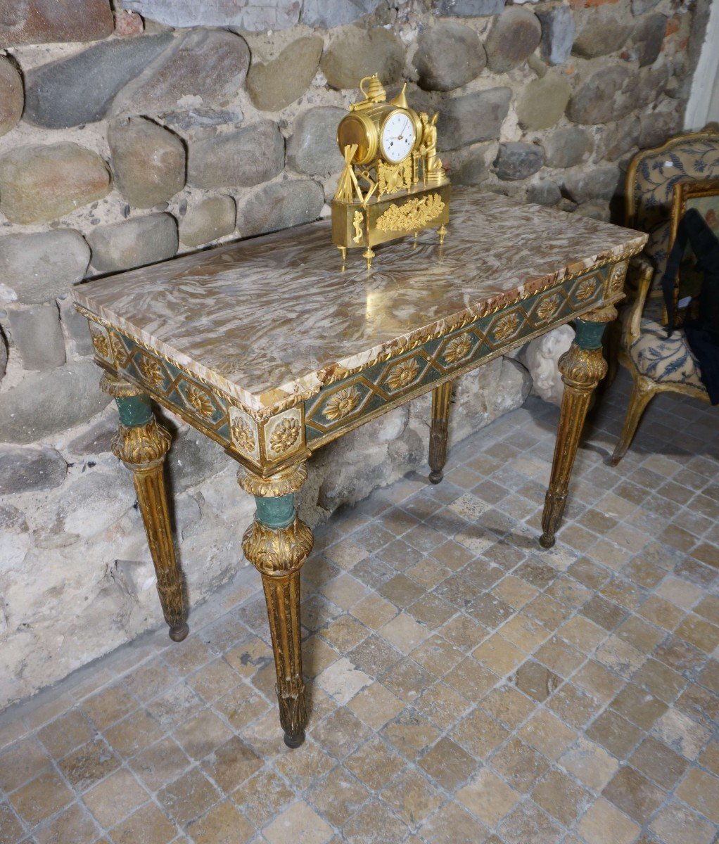 Consolle Genovese Luigi XVI epoca XVIII Legno Laccato e Dorato piano in Marmo-photo-2