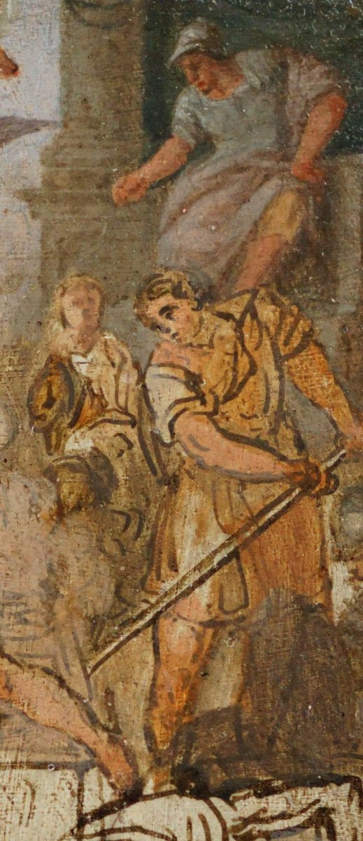Scuola Veneta XVIII Bozzetto "Martirio di San Lorenzo" Olio su Legno-photo-3