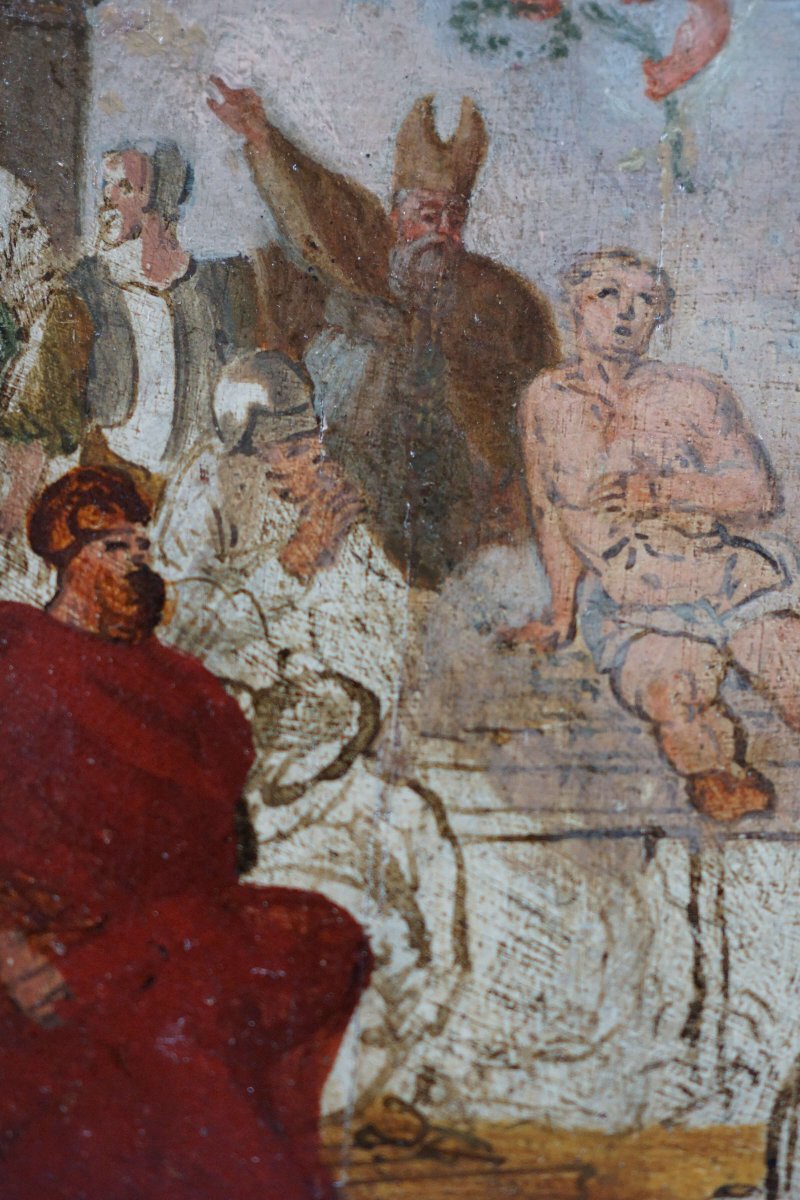 Scuola Veneta XVIII Bozzetto "Martirio di San Lorenzo" Olio su Legno-photo-1