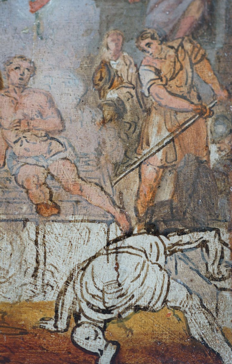 Scuola Veneta XVIII Bozzetto "Martirio di San Lorenzo" Olio su Legno-photo-2