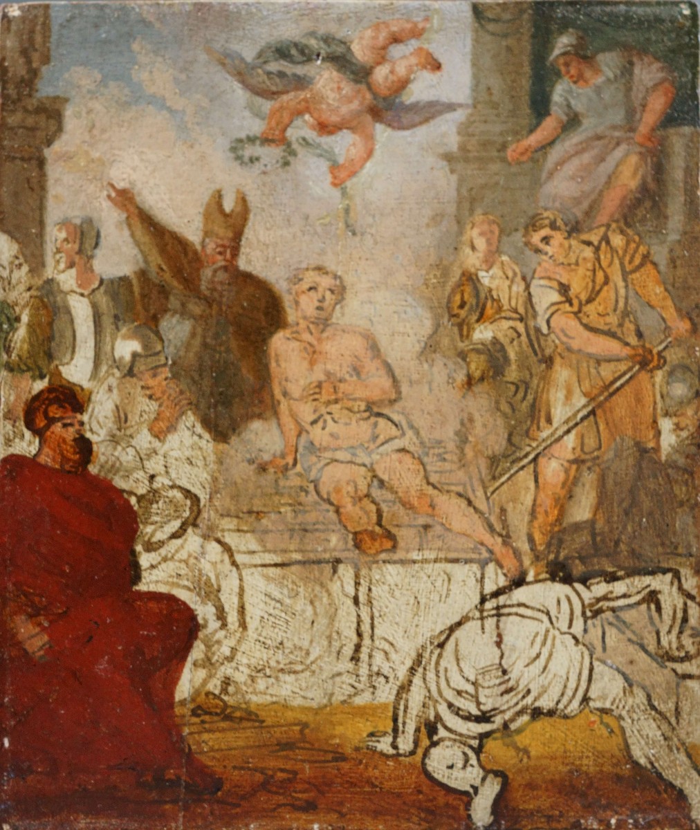 Scuola Veneta XVIII Bozzetto "Martirio di San Lorenzo" Olio su Legno