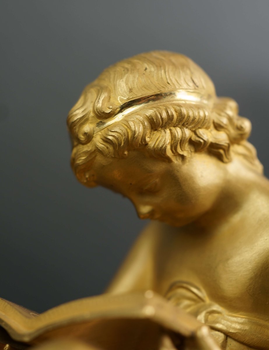 Orologio Impero in Bronzo Dorato "Amore che legge" circa 1810-photo-4