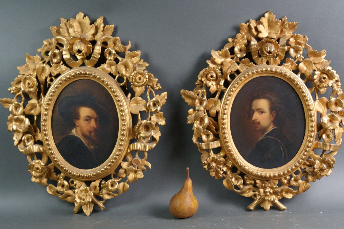 Coppia di Autoritratti di Peter P. Rubens e Anton van Dyck Cornici Dorate XIX secolo-photo-4