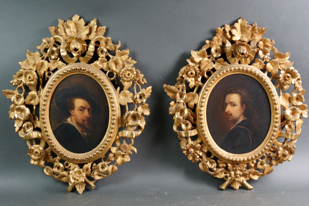 Coppia di Autoritratti di Peter P. Rubens e Anton van Dyck Cornici Dorate XIX secolo