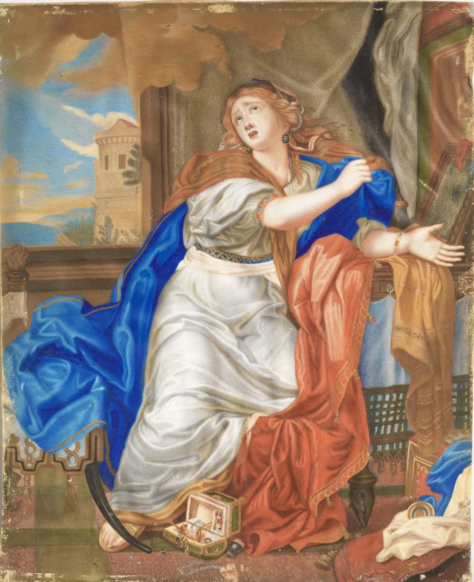 Da Charles Le Brun, Maddalena, Tempera su Pergamena in Cornice XVIII secolo-photo-2