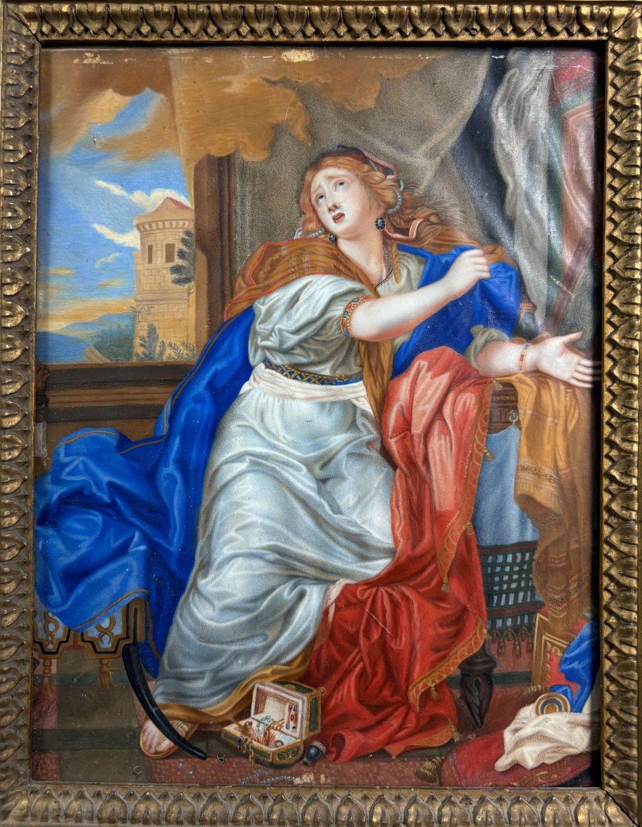 Da Charles Le Brun, Maddalena, Tempera su Pergamena in Cornice XVIII secolo-photo-3