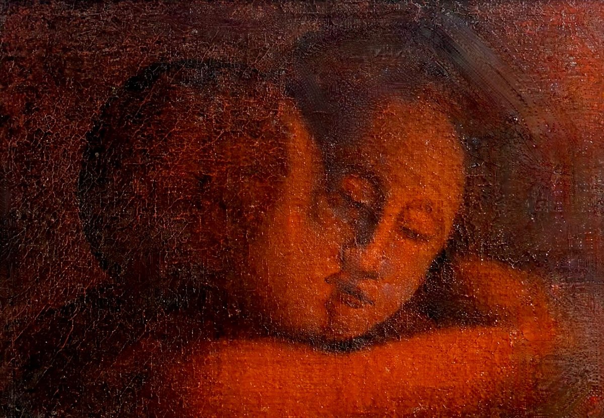 Scuola Simbolista Allievo di Eugène Carrière "Il bacio materno" inizio XX secolo-photo-1