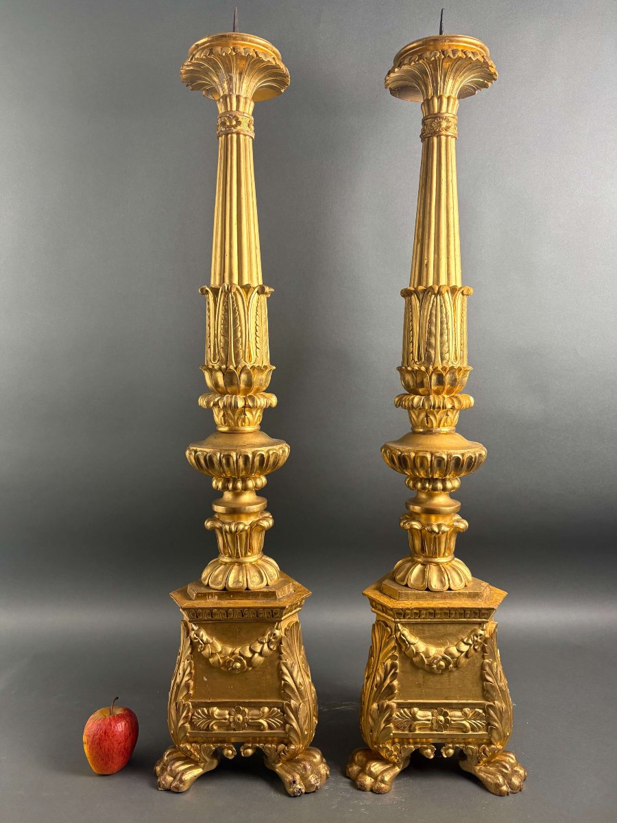 Imponente Coppia di Candelabri Portacero Legno Dorato XVIII secolo-photo-2