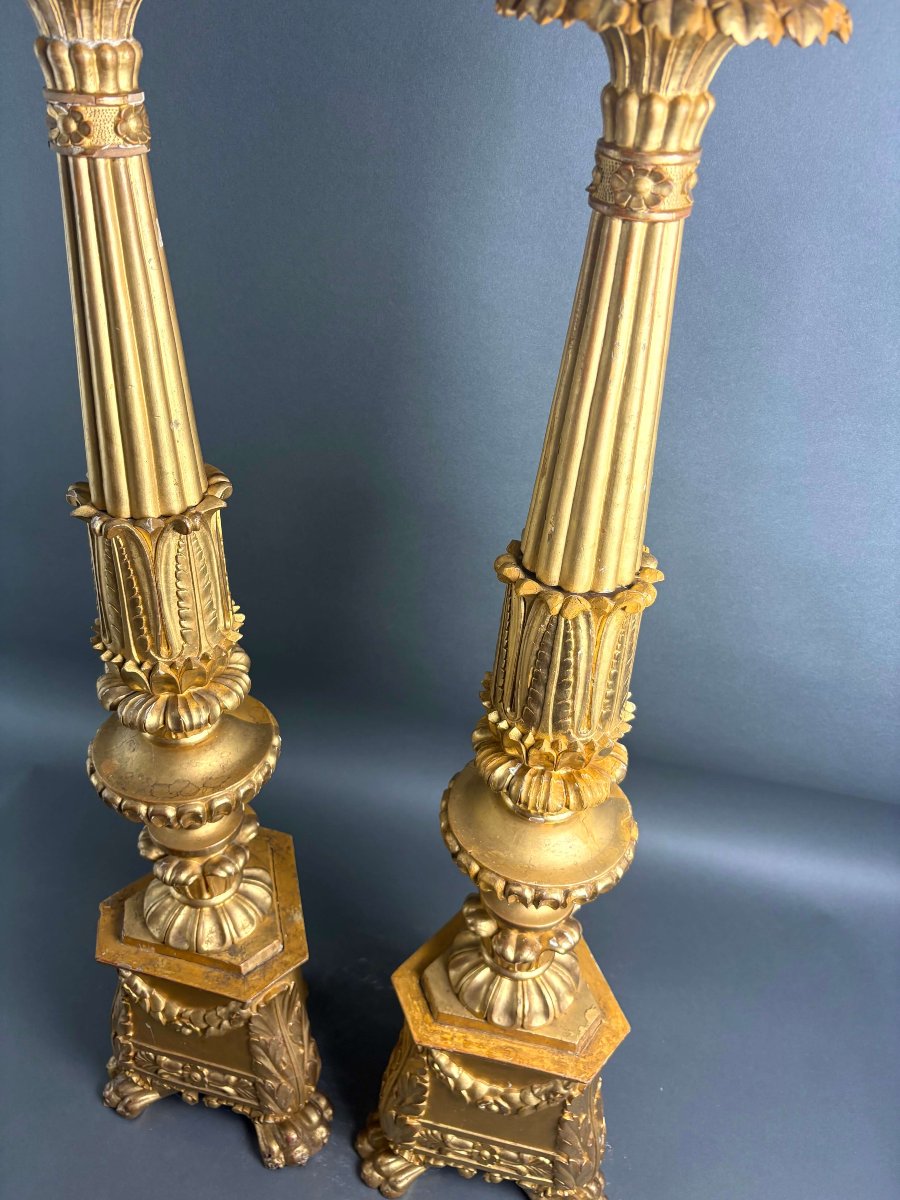Imponente Coppia di Candelabri Portacero Legno Dorato XVIII secolo-photo-1