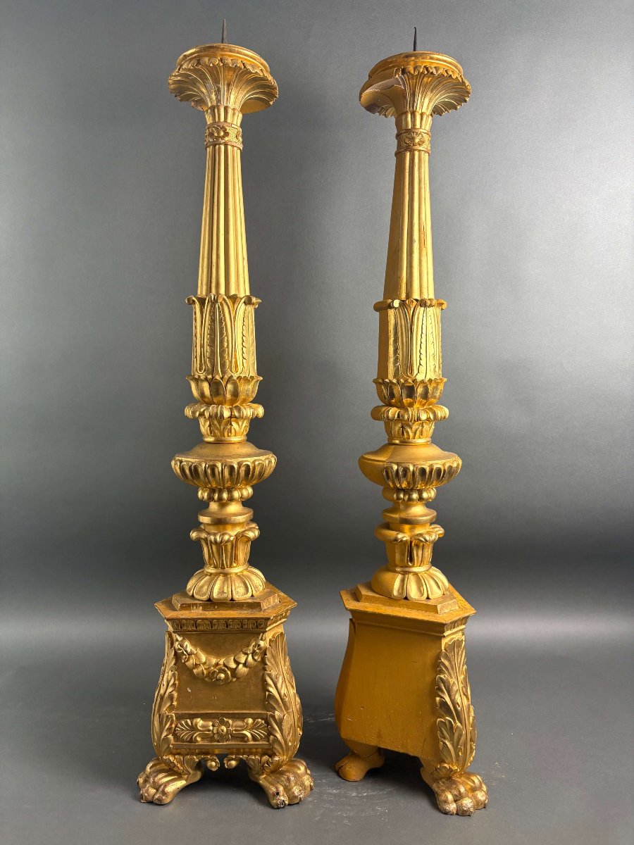 Imponente Coppia di Candelabri Portacero Legno Dorato XVIII secolo-photo-2