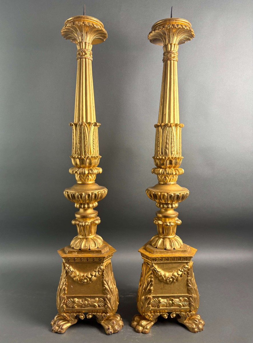 Imponente Coppia di Candelabri Portacero Legno Dorato XVIII secolo