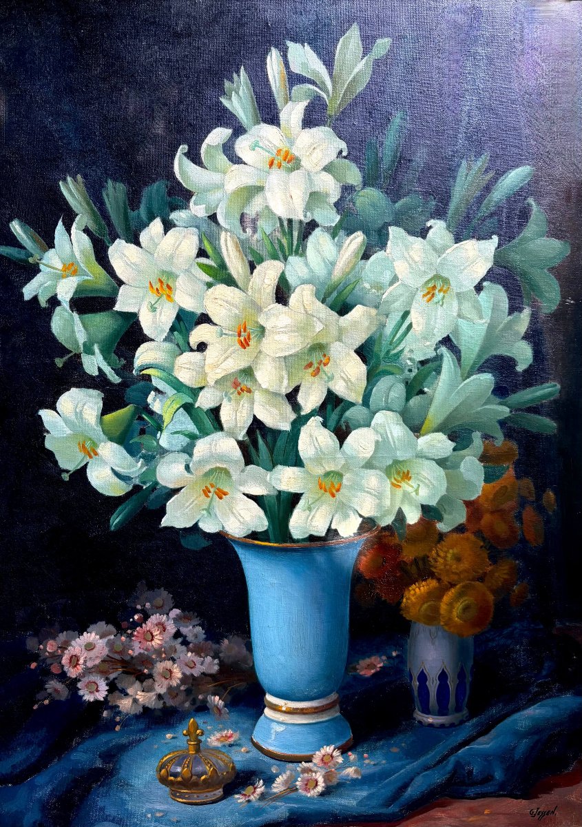 Georges Jessen (1892-1963) Grande natura Morta Vaso con Fiori di Giglio-photo-2