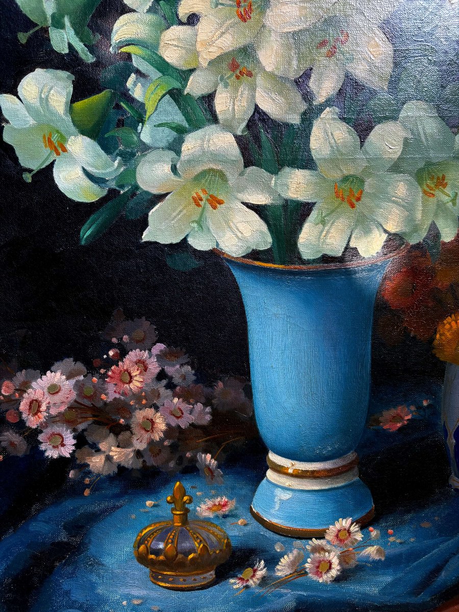 Georges Jessen (1892-1963) Grande natura Morta Vaso con Fiori di Giglio-photo-3