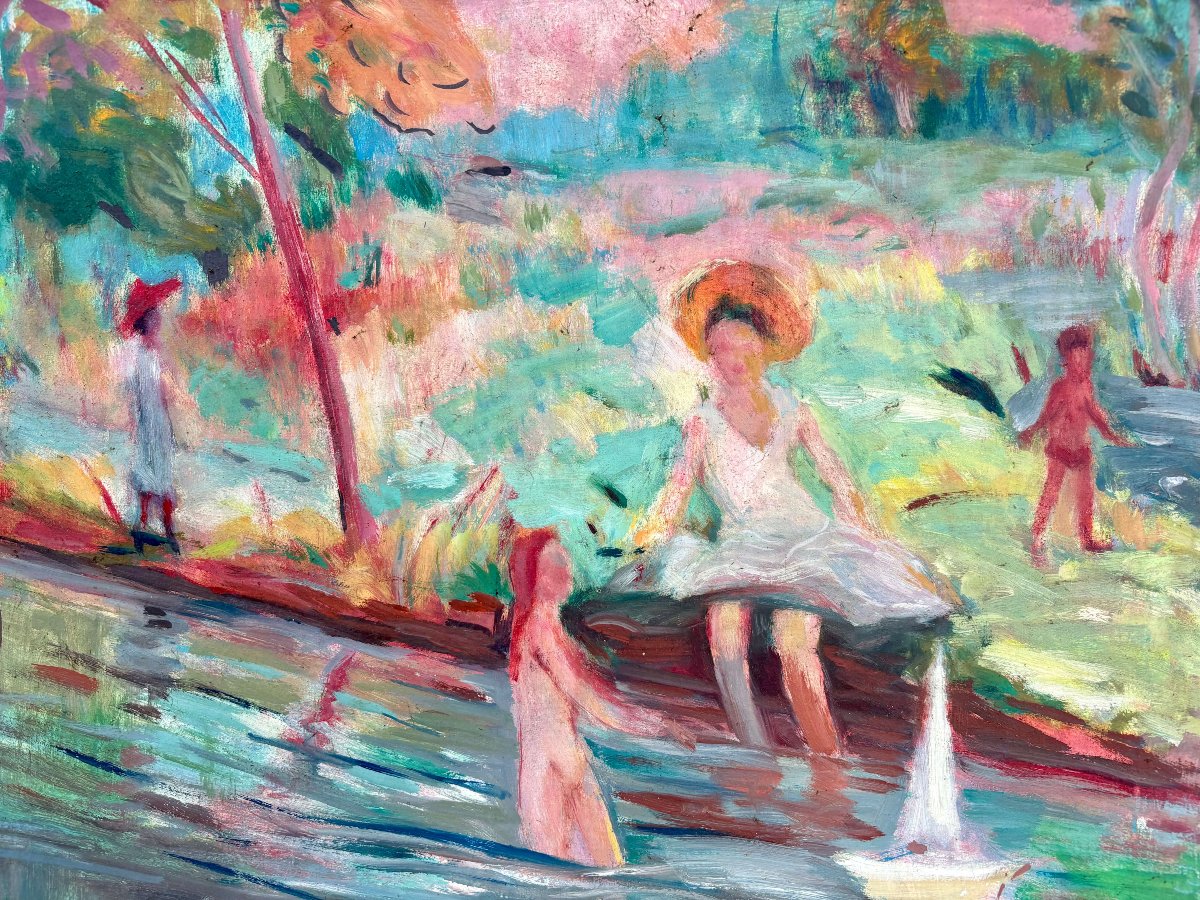 Scuola Francese Post-impressionista "Figure sul fiume" inizi XX secolo-photo-2