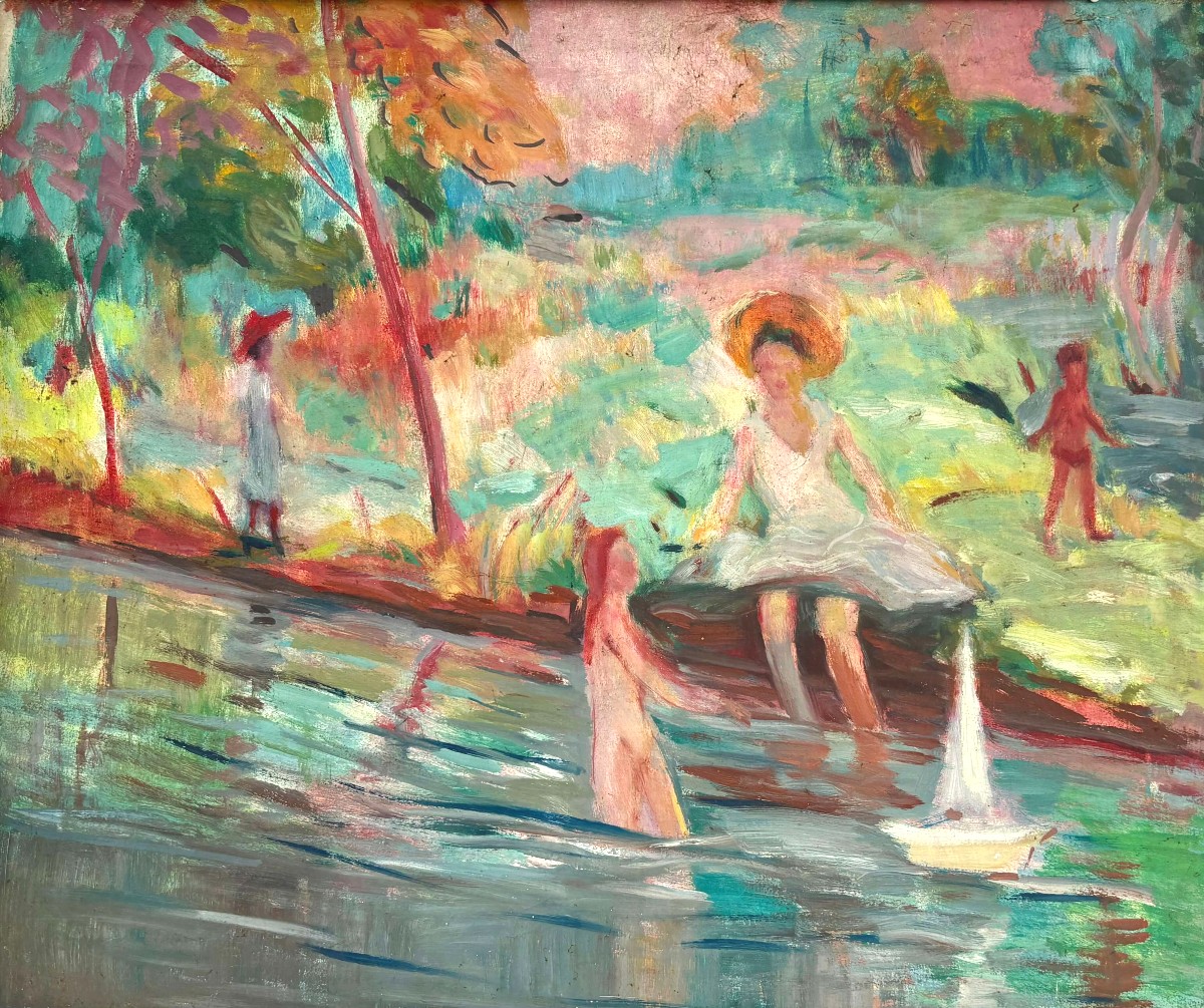 Scuola Francese Post-impressionista "Figure sul fiume" inizi XX secolo-photo-4