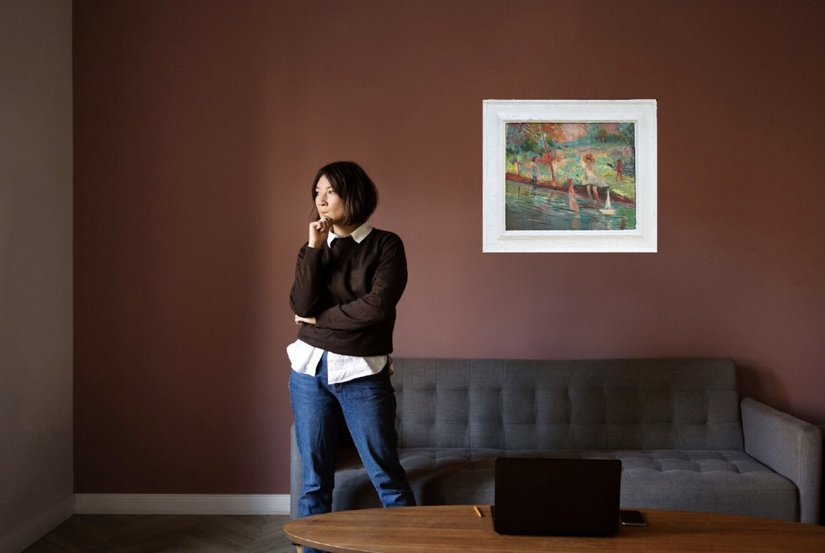 Scuola Francese Post-impressionista "Figure sul fiume" inizi XX secolo-photo-2