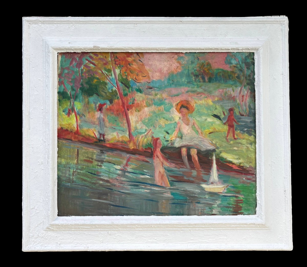 Scuola Francese Post-impressionista "Figure sul fiume" inizi XX secolo