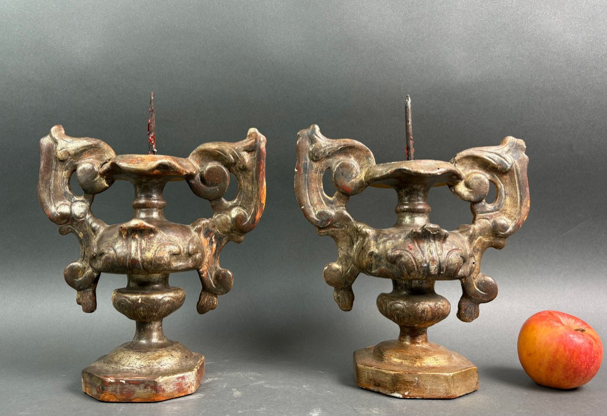 Coppia di Candelabri Porta Cero Legno Argentato Italia XVIII-photo-2