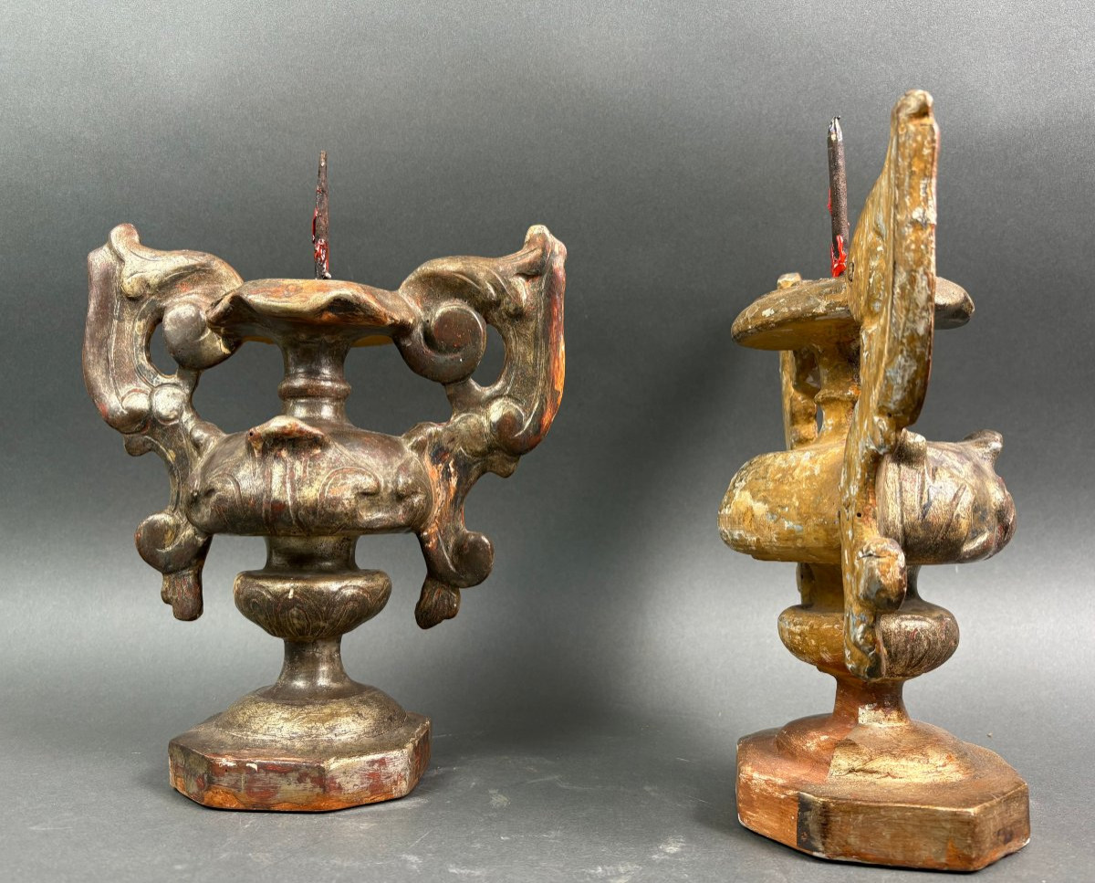 Coppia di Candelabri Porta Cero Legno Argentato Italia XVIII-photo-1